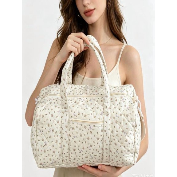 Quilted Travel Tote Bag with Detachable Strap, Large Capacity Crossbody Duffel for Weekend Getaways, Floral Quilted Handbag for Gym and Business Trips, Fashion Travel Bag for Women