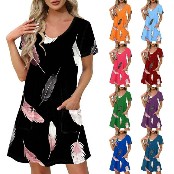 Patlollav Pocket Dresses for Women Summer Print Short-Sleeve V-Neck Casual Dress
