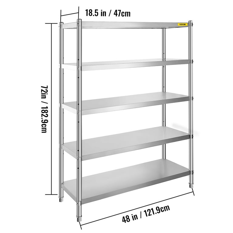 VEVORbrand Stainless Steel Shelving 48x18.5 inch 5 Tier Adjustable Shelf  Storage Unit Heavy Duty Shelving for Kitchen Commercial Office Garage  Storage