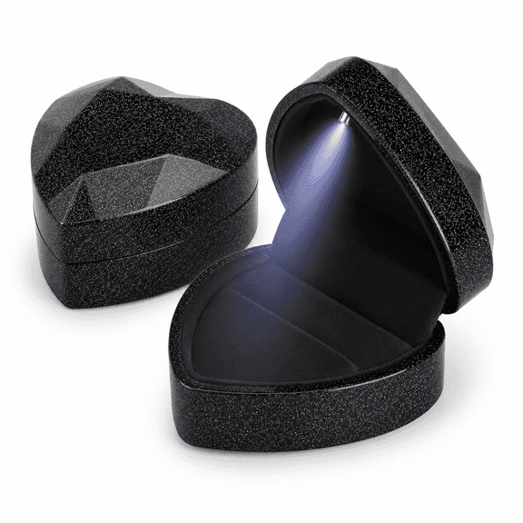 Hemivara Heart Shaped Ring Box with LED Light, Black Glitter Velvet Jewelry Case for Engagement Proposal Wedding, 1 Pcs