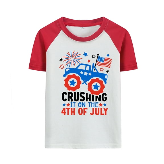 Rimyaw Toddler Boys 4th of July Shirt, Patriotic Car Graphic Raglan Tee, Red Sleeve Independence Day Top, Sizes 2T-7T