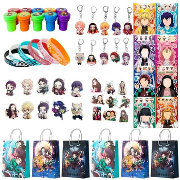 Demon Slayer Party Favors, 110pcs All-In-One Demon Slayer Birthday Party Favors Including Demon Slayer Stickers Bags Keychains Badge Seal Wristband etc Demon Slayer Theme Favors for Boys Kids