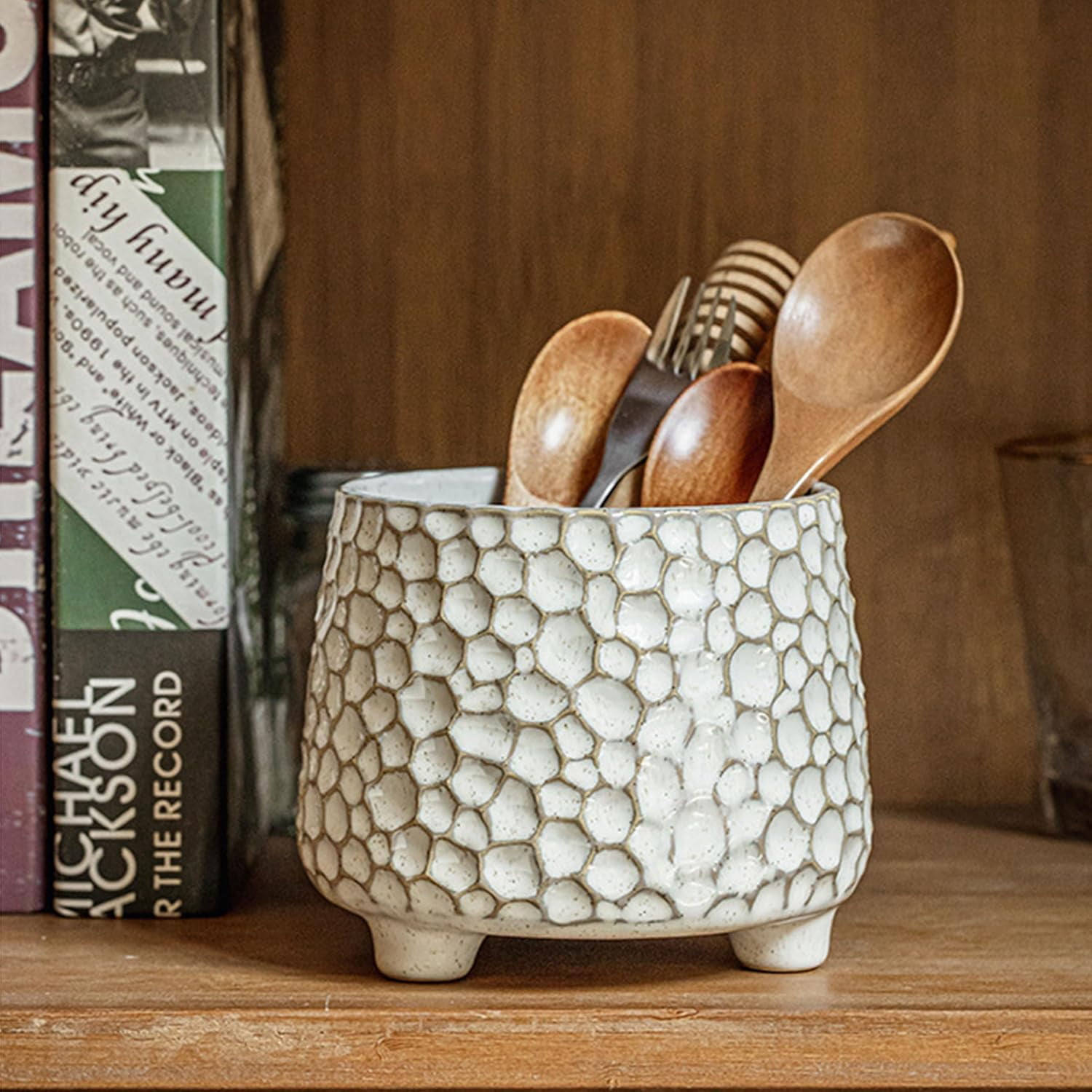 ABCISI Ceramic Utensil Holder for Countertop, 4.5-Inch Embossed Farmhouse Crock with Stable Triangular Base, Cream White Textured Kitchen Counter Organizer