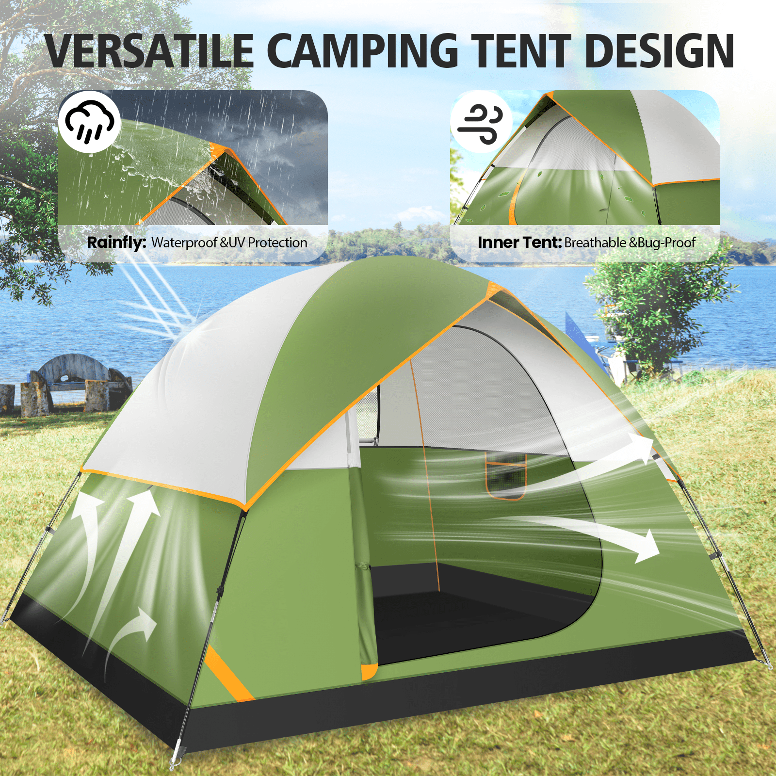 HOTEEL 4 Person Tent for Camping, Easy Setup Camping Tent with Rainfly & Screen Windows for Camping/Traveling/Family Gathering/Hiking/Beach, Green