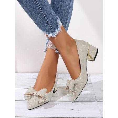 

Women Rhinestone & Bow Decor Point Toe Chunky Heeled Court Pumps Glamorous Glitter Pumps