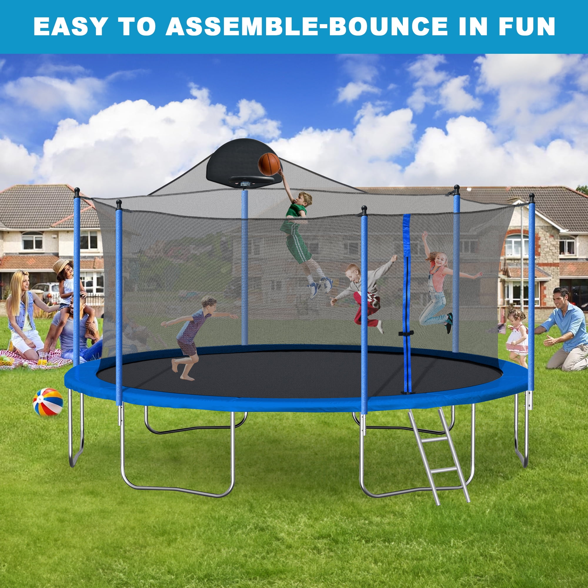 Aukfa 14FT Trampoline with Enclosure Net for Kids Adults, Outdoor Trampoline with Basketball Hoop for Backyard, Blue