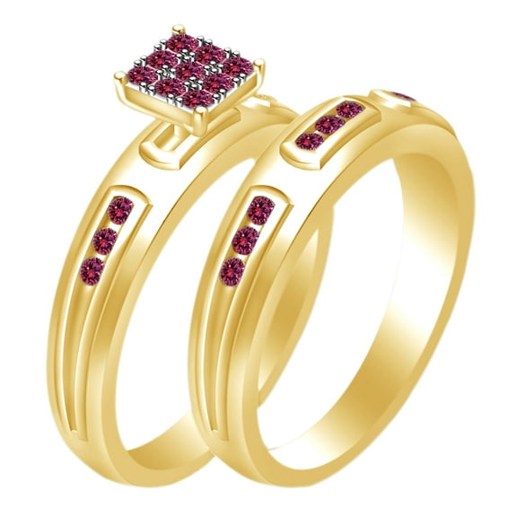 AFFY Round Cut Simulated Pink Ruby Women's Bridal Ring Set In 14k Yellow Gold Over Sterling Silver Ring Size 14