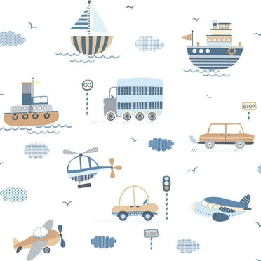 Galerie Wallcoverings  Tiny Tots 2 Transportation Non-woven Matte Wallpaper Roll 33 feet x 21 inches - Brown/Sky Blue/Navy