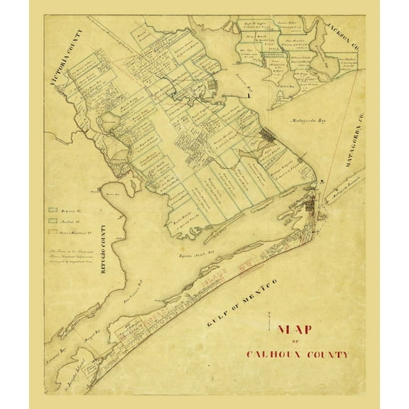 Historic County Map - Calhoun County Texas - General Land Office 1863 - 23 x 26.80 - Vintage Wall Art