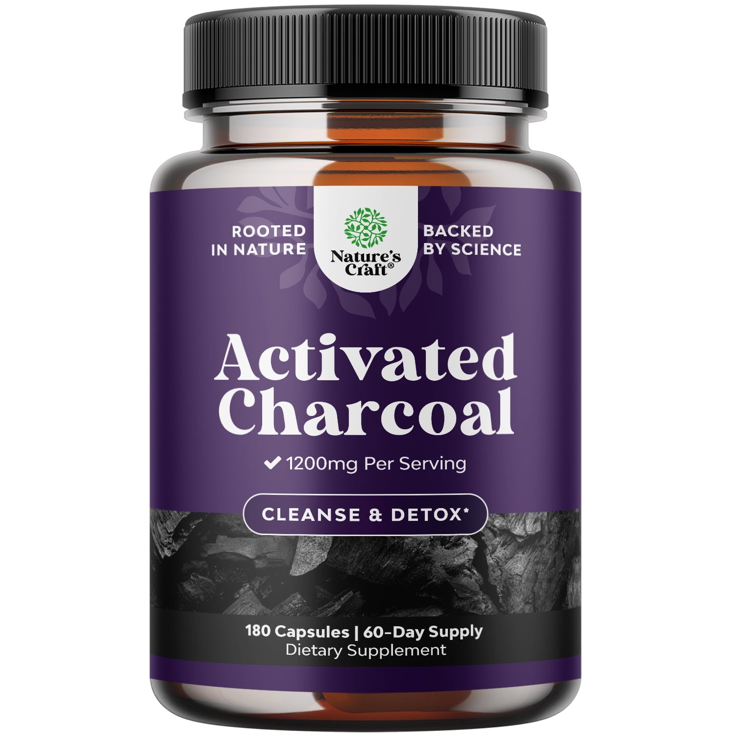 Natures Craft 1200mg Activated Charcoal Capsules, Detox & Bloating Relief Supplement, 180 Capsules
