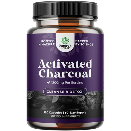 Natures Craft 1200mg Activated Charcoal Capsules, Detox & Bloating Relief Supplement, 180 Capsules