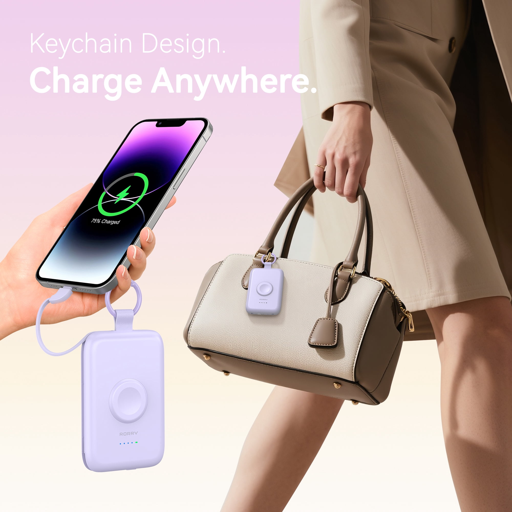 RORRY 10000mAh Portable Charger with Built-in Cables, 20W Fast Charging Power Bank Compatible with iPhone 17/16/15/14, Apple Watch,Samsung & Android Phones,Purple with Purple Keychain
