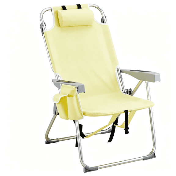 63*70*99cm Heightened Oxford Cloth Silver White Aluminum Tube Bearing 100kg Beach Chair with Cup Holder Storage Pouches Yellow