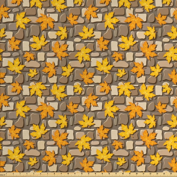 Autumn Fabric by the Yard, Fall Season Leaves Forest Elements with Bricks and Stones, Decorative Upholstery Fabric for Chairs & Home Accents, Cocoa Dimgray by Ambesonne