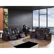 Brown Power Reclining Sofa Set 3P Leather Air & LED Lights SF3817 Contemporary