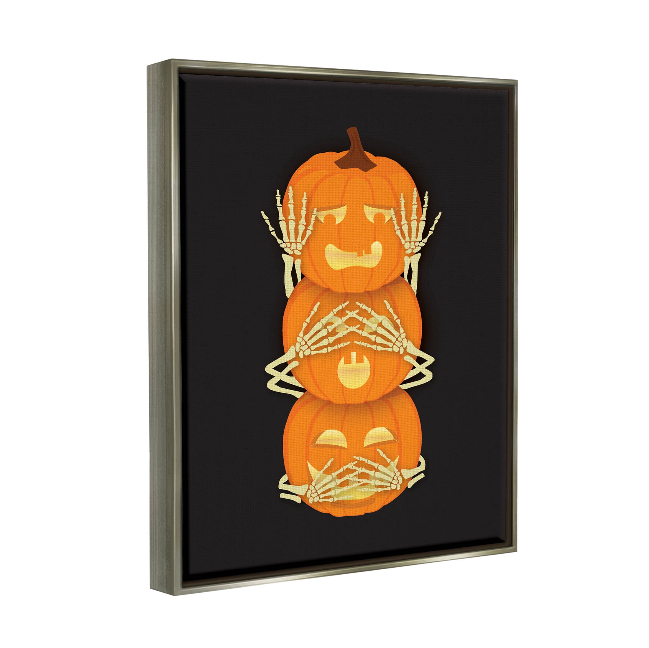 Stupell Industries Hear See Speak No Evil Pumpkins Graphic Art Luster Gray Floating Framed Canvas Print Wall Art, Design by Linda Birtel