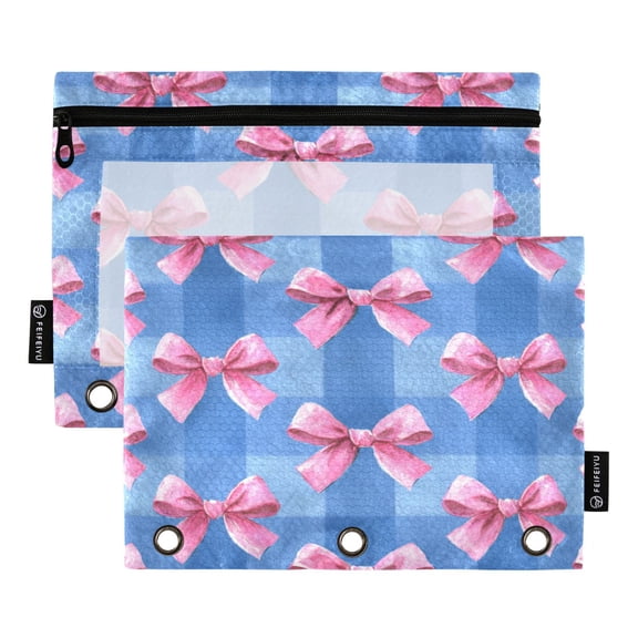 2 Pack 3 Ring Binder Pouch with Clear PVC Window Water Resistant Zipper Pencil Pouch Cute Pink Bows Binder Pocket for Classroom Office Home Stationery Organization