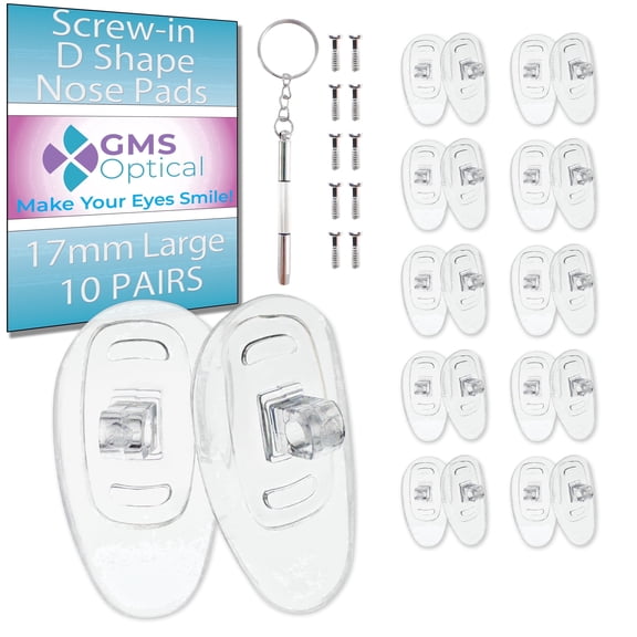 GMS Optical 17mm Long Length / 6mm Medium Width – D Shape Screw-In Soft Silicone Nose Pads for Glasses, Eyeglasses & Sunglasses with Screws & Screwdriver (10 Pair, Clear)