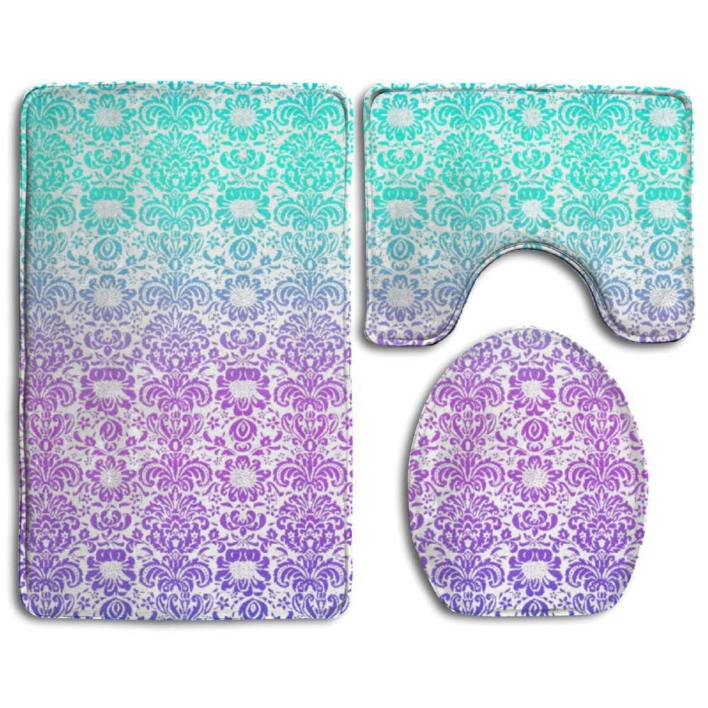 GOHAO Teal and Purple 3 Piece Bathroom Rugs Set Bath Rug Contour Mat and Toilet Lid Cover
