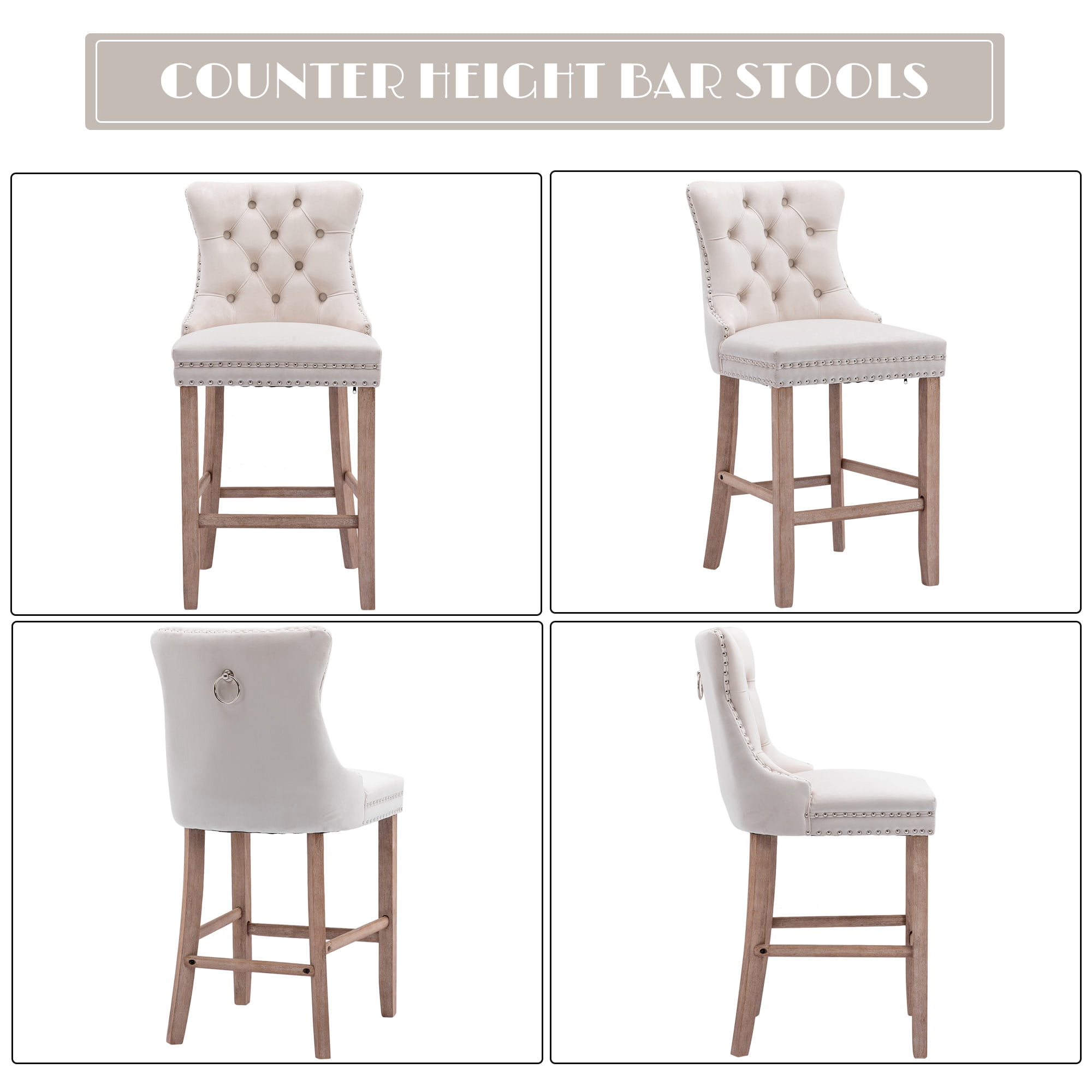 Bar Stools Set of 4, PAPROOS Velvet Bar Stool with Back, Solid Wood Frame & Nailhead Trim, Counter Height Bar Chair Button Tufted Upholstered Seat, Full Back Bar Stools, Beige