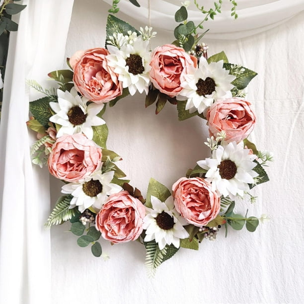 Guirnalda de flores artificiales de 45 cm, peonía floral, hoja de vegetación exterior, corona de puerta delantera colgante para ventana, festival, Soledad coronas de puertas para el hogar