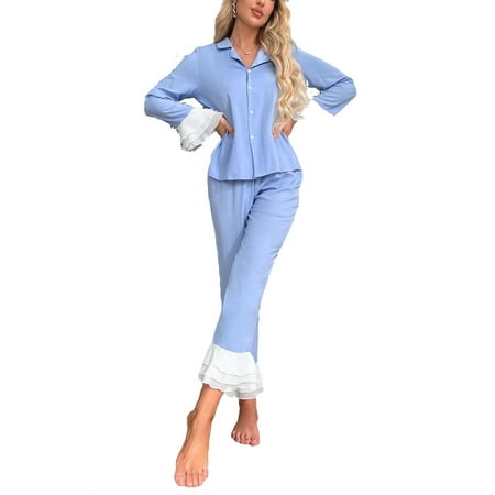 

Elegant Lapel Pant Sets Long Sleeve Blue Womens Pajama Sets (Women s)