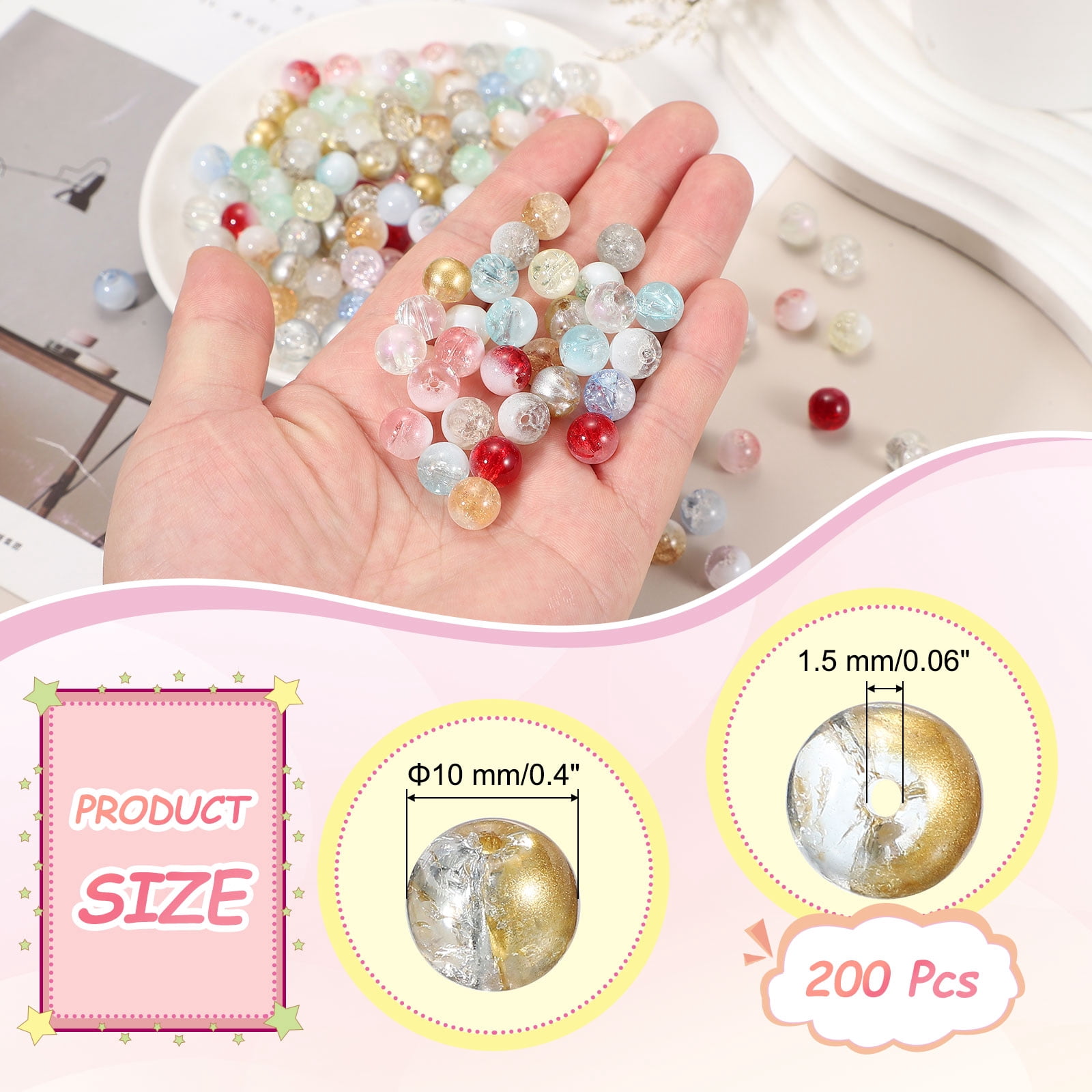 Uxcell 200 Pcs 10mm Crackle Glass Beads for Jewelry Making, Crystal Glass Round Spacer Beads Bulk Loose Beads for DIY Craft Earring Necklace Bracelet Jewelry, Gold