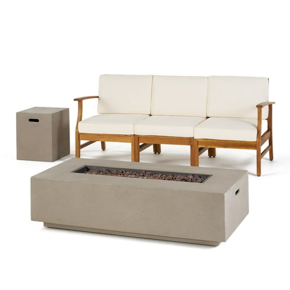 Sydney Outdoor 3 Seater Acacia Wood Sofa Set with Rectangular Fire Table and Tank Holder