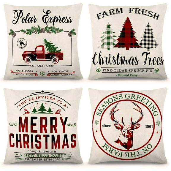 DecorX Christmas Pillow Covers 18×18 Inch Set of 4 Black and Red Buffalo Plaid Farmhouse Pillow Covers Holiday Rustic Linen Pillow Case for Sofa Couch Christmas Decorations Throw Pillow Covers