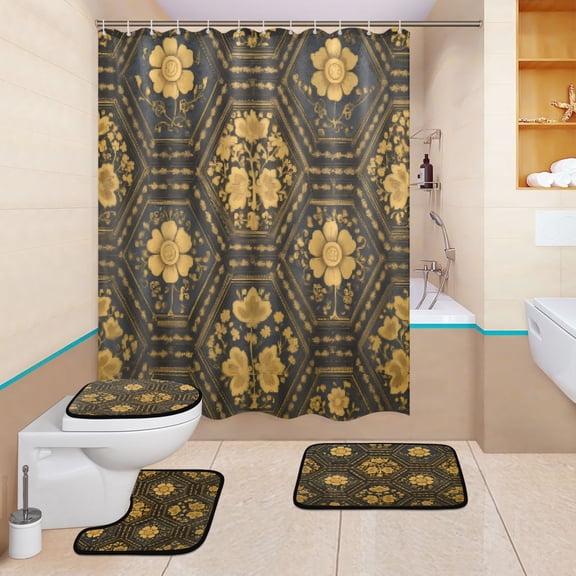 BZSMCE 4PCS Shower Curtain Set Bathroom Decorative Set-Golden Hex Tapestry Pattern