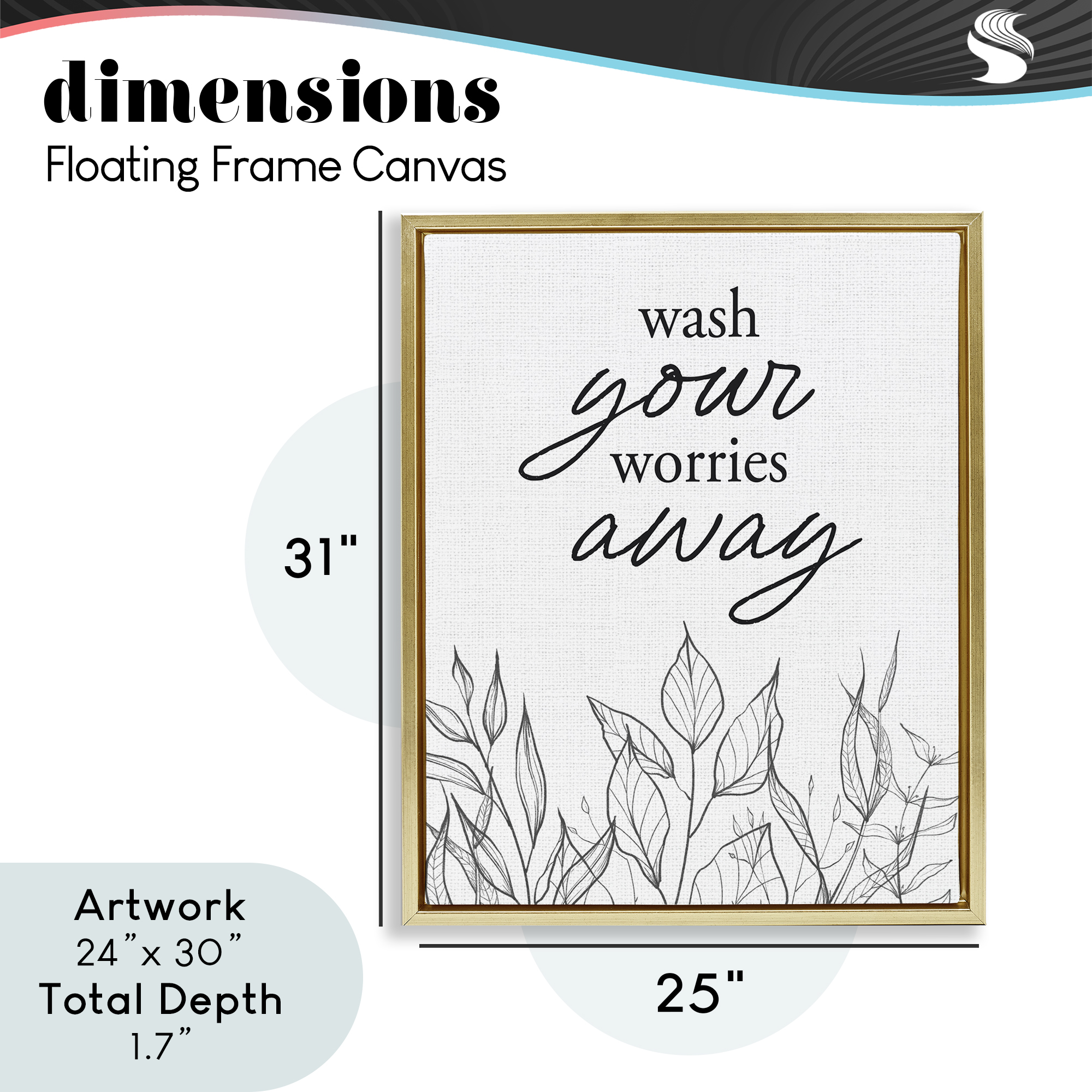 Wash Your Worries Away Minimalist Gold Framed Floater Canvas Wall Art, design by Lettered and Lined