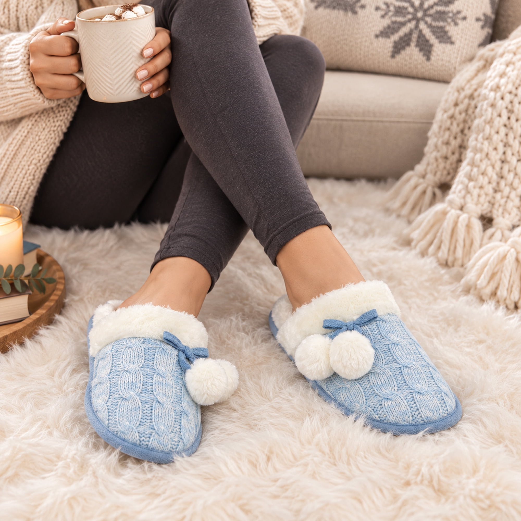 Women’s Cozy Knit Pom-Pom Slippers with Memory Foam, Plush Lined Non-Slip House Shoes, Indoor Slip-On Slippers