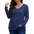 thumbnail image 4 of FlorCurve Long Sleeve Shirts for Women Plus Size V Neck T-Shirts Solid Casual Tunic Tops, Blue 2XL, 4 of 7