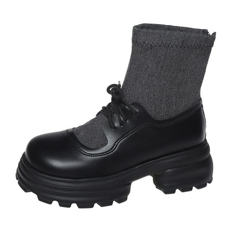 OJSFQUFP Womens Booties Ladies Fashion British Style Leather Fabric Panel Lace Up Thick Heel Ankle Boots Comfortable Fall Shoes Heel Boots Black 39