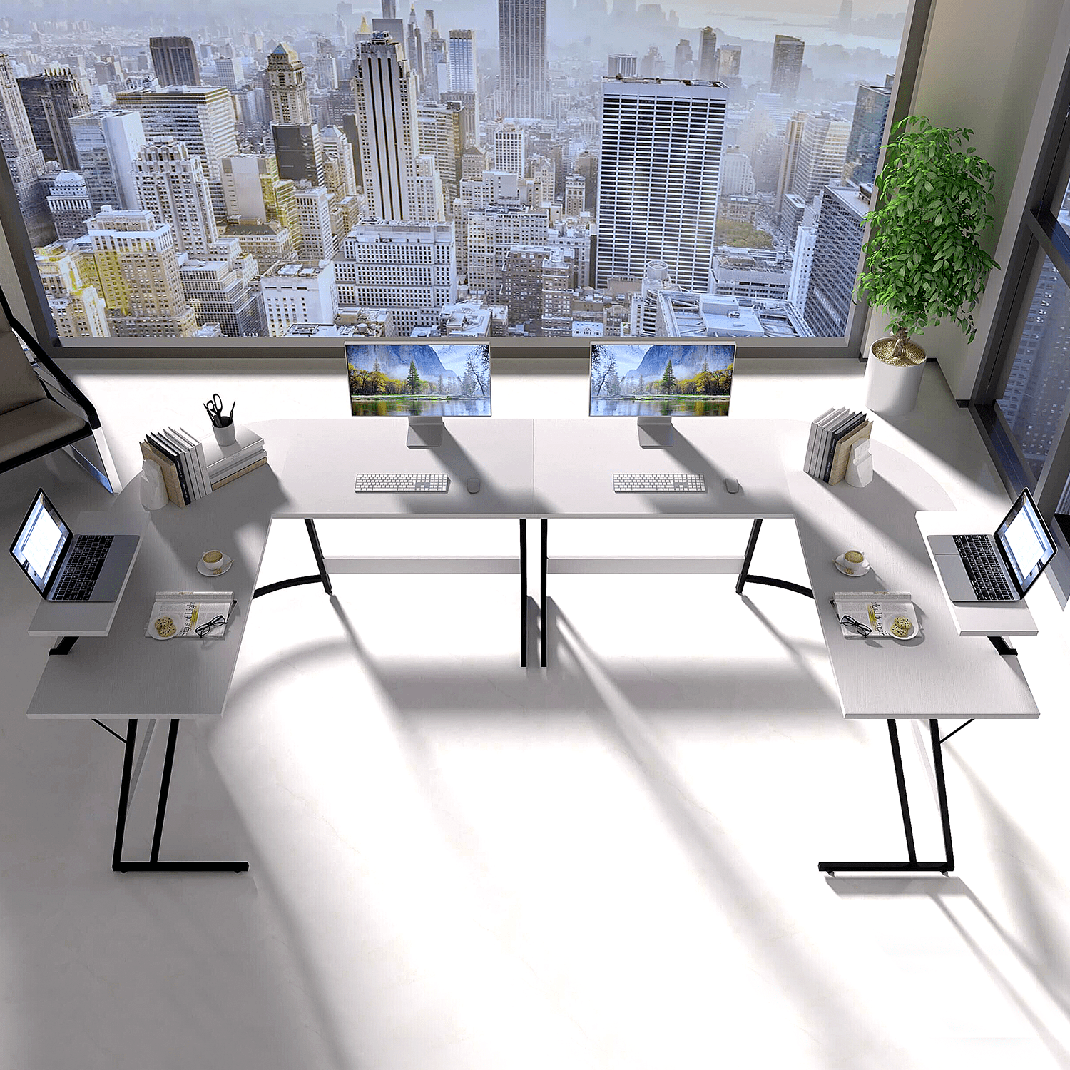 Vineego Modern L-Shaped Computer Desk with Monitor Stand, White