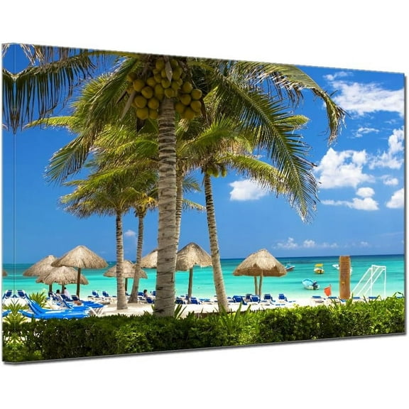 Hawaii Beach Canvas Wall Art Blue Ocean Palm Tree Modern Artwork Print Coconut Trees Seascape Frame Residential Hostel Room Home Office Wall Décor 12x16inch