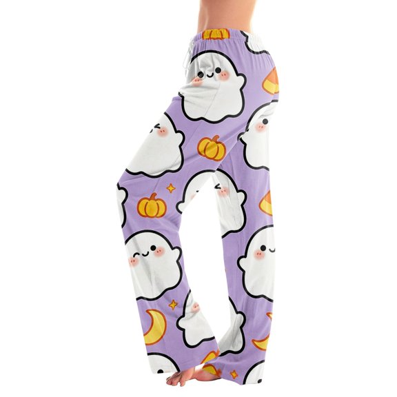 Womens Halloween Pajamas Ghost Skeleton Straight-Leg Spooky Trousers Pumpkin Spider Loose Drawstring Casual Pjs L