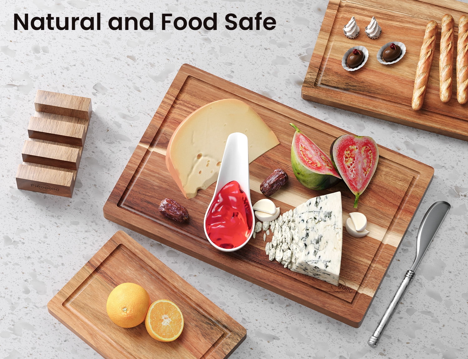 Fibogollo Acacia Wood Cutting Boards for Kitchen(Set of 3),Wooden Chopping Boards Set with Juice Groove,Chopping Board with Holder,Butcher Block for Meat,Vegetables,Fruit