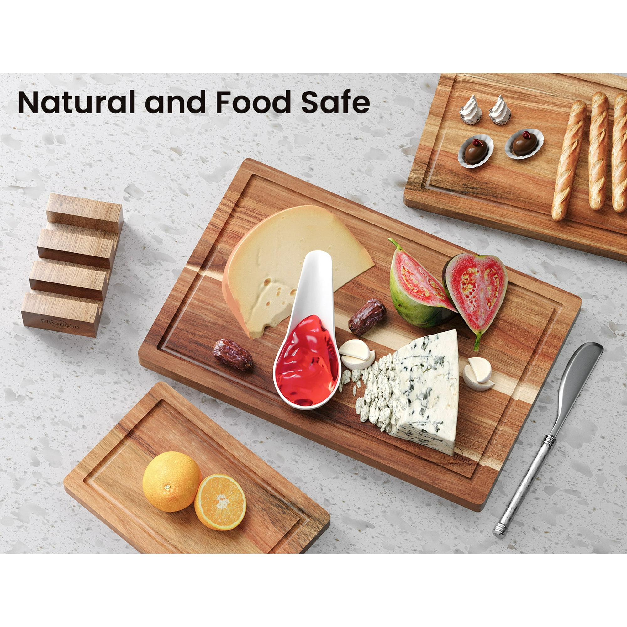 Fibogollo Acacia Wood Cutting Boards for Kitchen(Set of 3),Wooden Chopping Boards Set with Juice Groove,Chopping Board with Holder,Butcher Block for Meat,Vegetables,Fruit