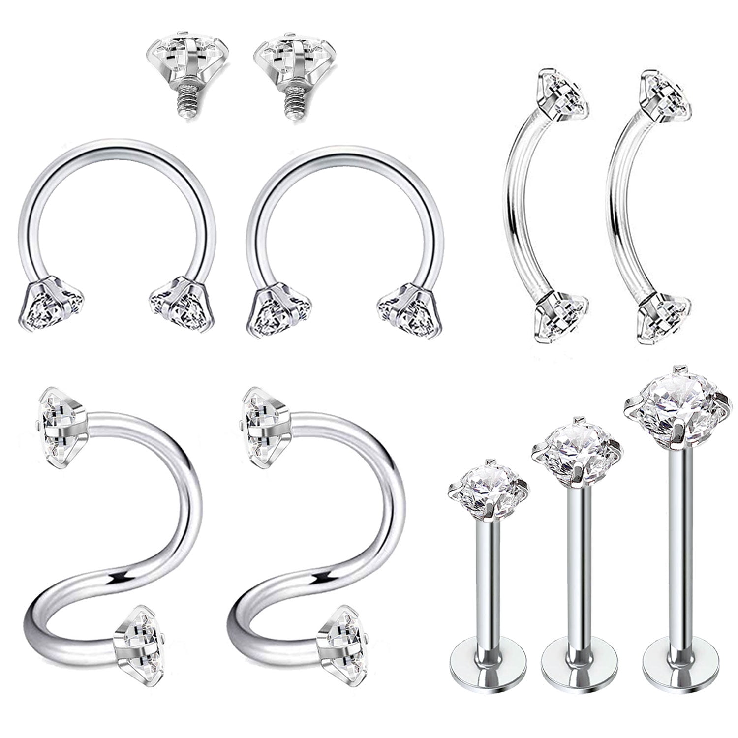 3Pcs 16g 16 gauge 1.2mm 3/8 10mm steel eyebrow lip piercing curved barbell tragus rings jewelry BBIH