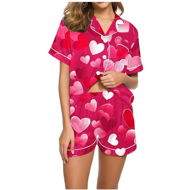 RKSTN Valentine's Day Gifts Women's Valentines Pajama Sets Plus Size Notch Collar Button Down Valentine Heart Print Short Sleeve T Shirt and Pjs Shorts 2PC Matching Set 2 Piece Summer Loungewear