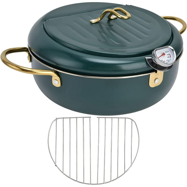 Alvinlite Deep Frying Pot, Japanese Style Deep Fryer with Temperature Display Stainless Steel Dark Green Deep Fat Fryers and Oil Drip Rack Lid 3.4 Liter Oil Capacity(24cm-dark green)
