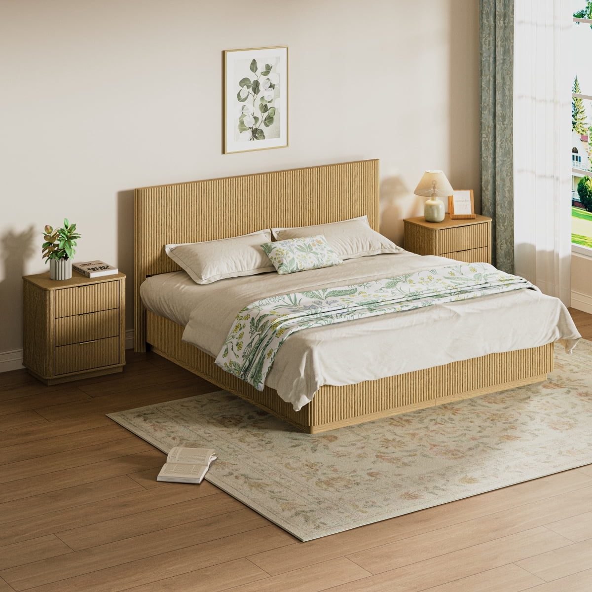 Luckynote Kind Size Bed Frame with LED Lights, Modern Wooden Corrugated Curved Lines, Convex Groove Board Design, Oak.