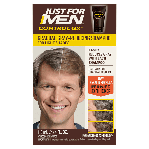 Just For Men Control GX Grey Reducing Shampoo, Gradual Hair Color with Keratin for Stronger Thicker and Healthier Hair, 4 fl oz - Pack of 1 (Packaging May Vary)