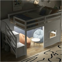 JERFIT Twin Loft Bed with Stairs, Window, LED, White