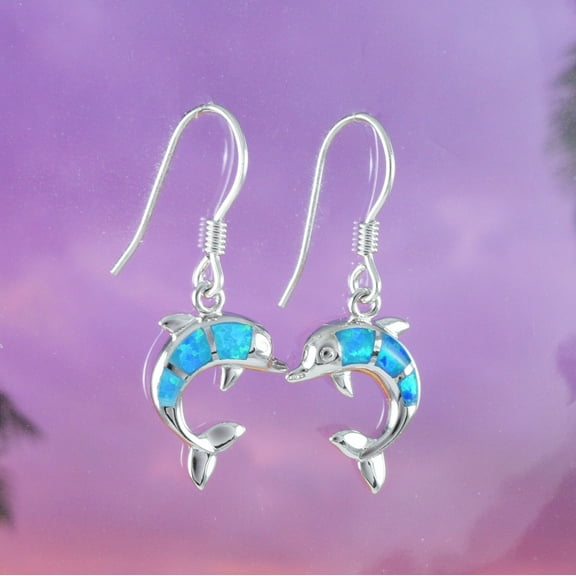 Beautiful Hawaiian Blue Opal Dolphin Earring, Sterling Silver Blue Opal Dolphin Dangle Earring, E4030 Birthday Wife Mom Valentine Gift