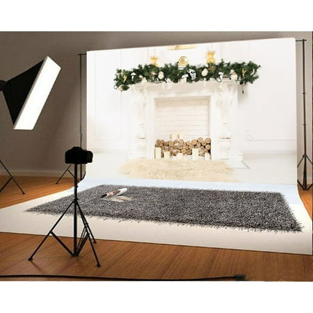 GreenDecor Polyester 7x5ft Christmas Photography Backdrop Fireplace Decorations Pine Branch Fire Wood White Wall Light Brown Blanket Scene Photo Background Children Baby Adults Portraits