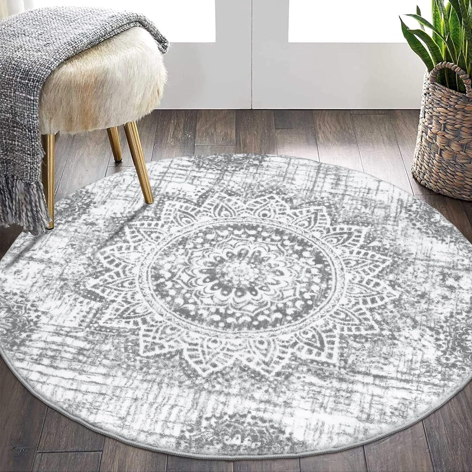 4 ft Round Area Rug, Yamaziot Boho Vintage Oriental Circle Carpet, Washable Non Slip Non Shedding Soft Faux Indoor Floor Mat Rug for Bedroom Living Room Sofa Office