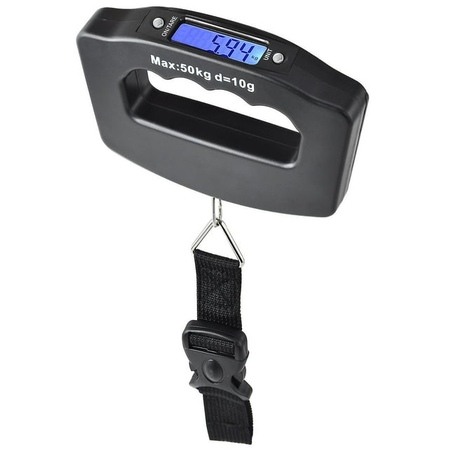 Báscula digital para equipaje de 110 lb/50 kg, mini báscula electrónica portátil con función de tara de anzuelo de pesca, pantalla LCD retroiluminada para casa, granja, fábrica, caza al aire libre