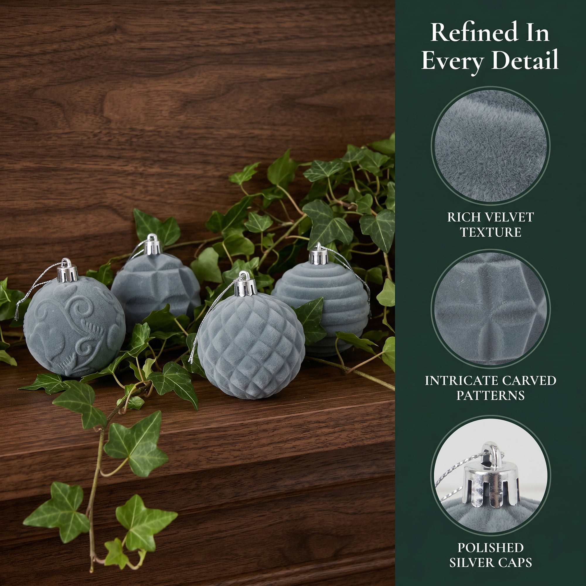Unique Bargains Velvet Christmas 12 Pack Flocked Sphere Orbs Luxury Ornaments Grey 2.4"